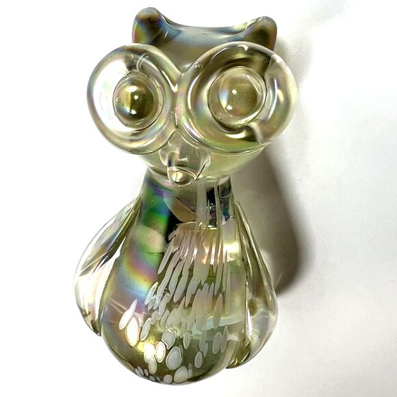 Vintage 1970s Owl Crystal Figurine Paperweight Iridescent Large Eyes Hand Made - Picture 7 of 7